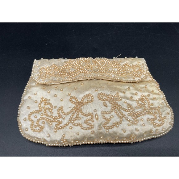 Vintage Dormar Beaded Evening Purse Japan Cream Pearl‑Dot Clutch‎ Sack - Picture 7 of 9